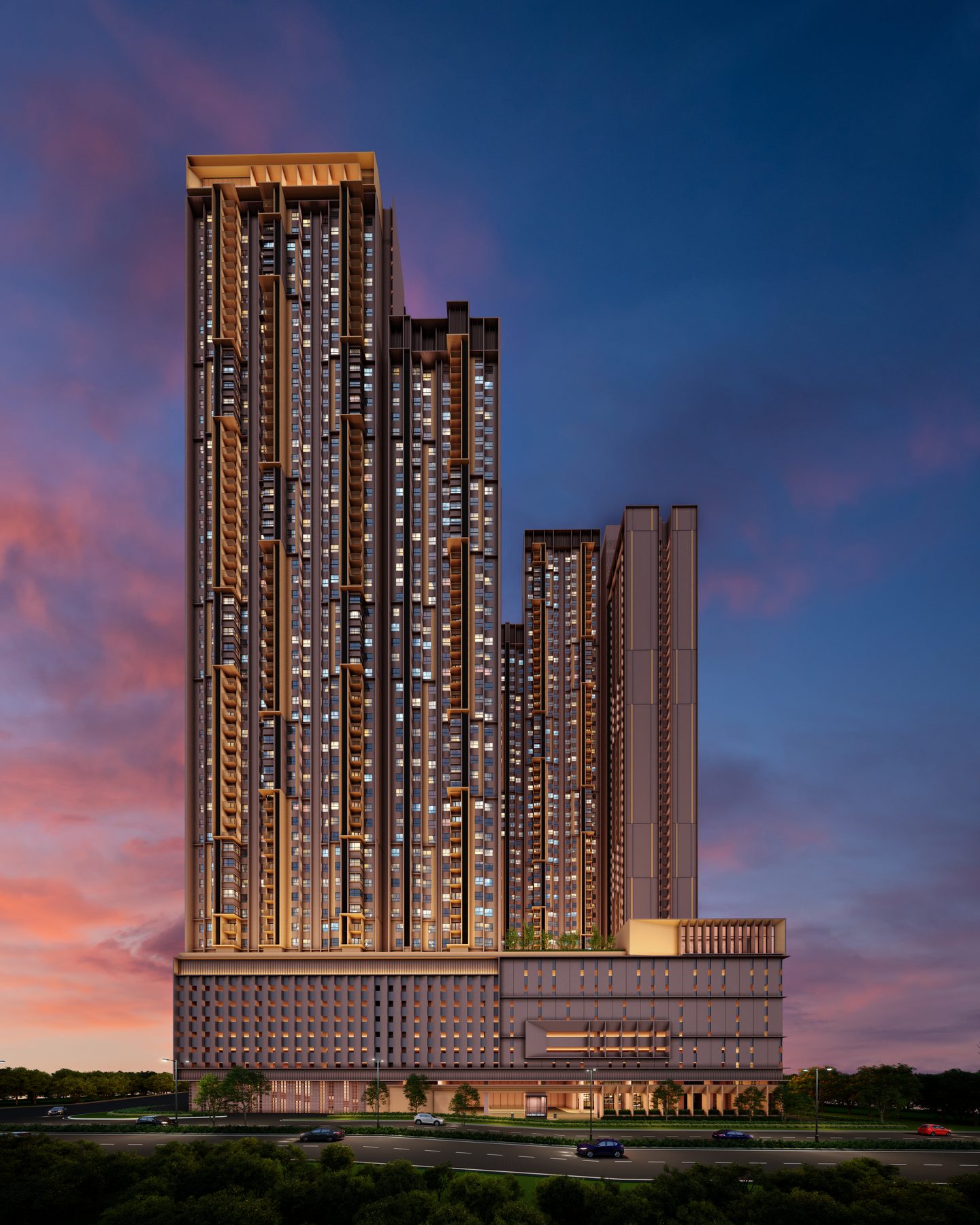 The Vividz twin towers at dusk